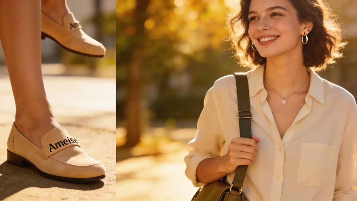 A woman in Ameise shoes styled for casual errands, embodying comfort and elegance