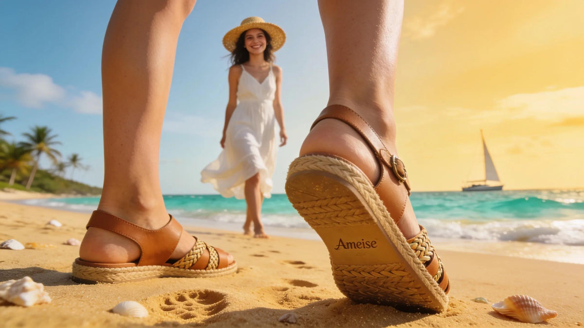 Ameise wide-fit shoes worn by a woman on the Sunshine Coast beach, enhancing comfort and style