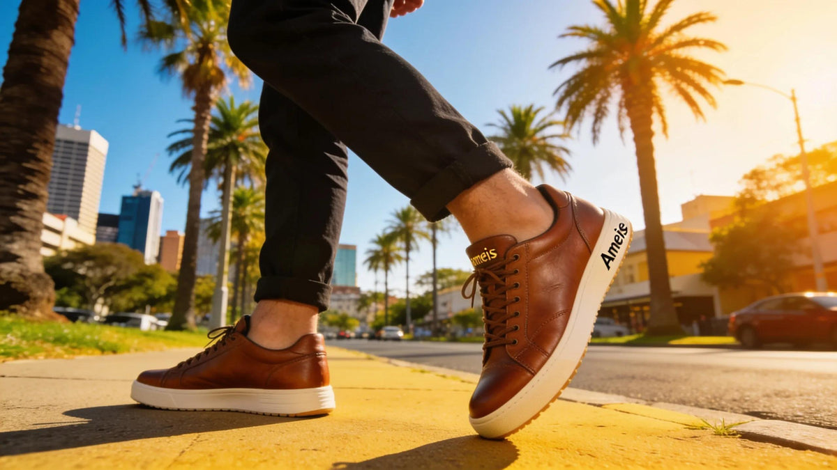Ameise leather sneakers on a stylish individual in a bright urban Australian setting