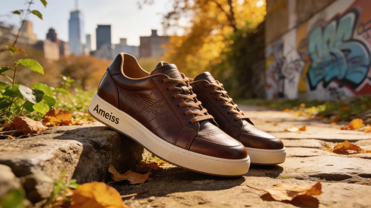 A pair of Ameise Sneakers in a fashionable urban setting highlighting premium leather quality