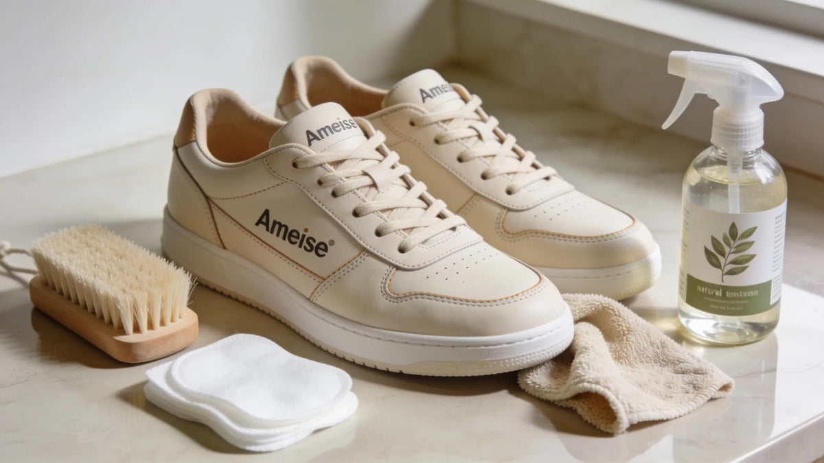 Ameise leather sneakers with eco-friendly cleaning products highlighting sneaker care.