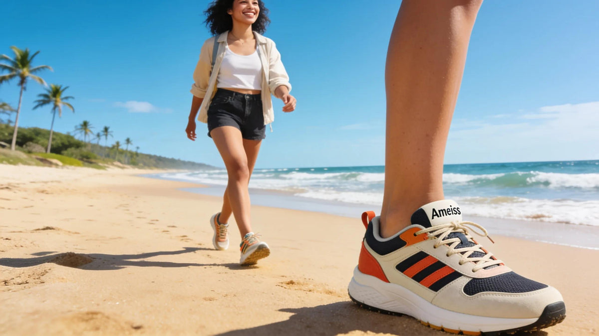 Stylish woman wearing Ameise Sneakers on the Sunshine Coast in a vibrant landscape