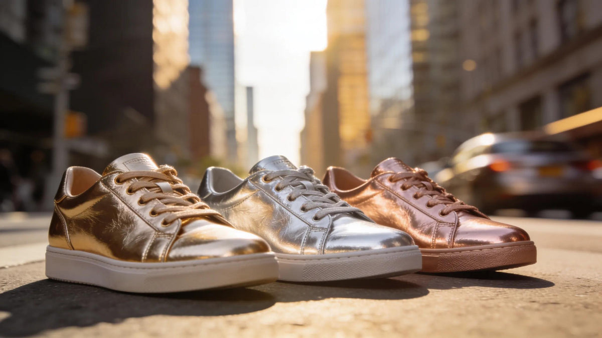 Stylish metallic leather sneakers in gold, silver, and rose gold on a chic urban street