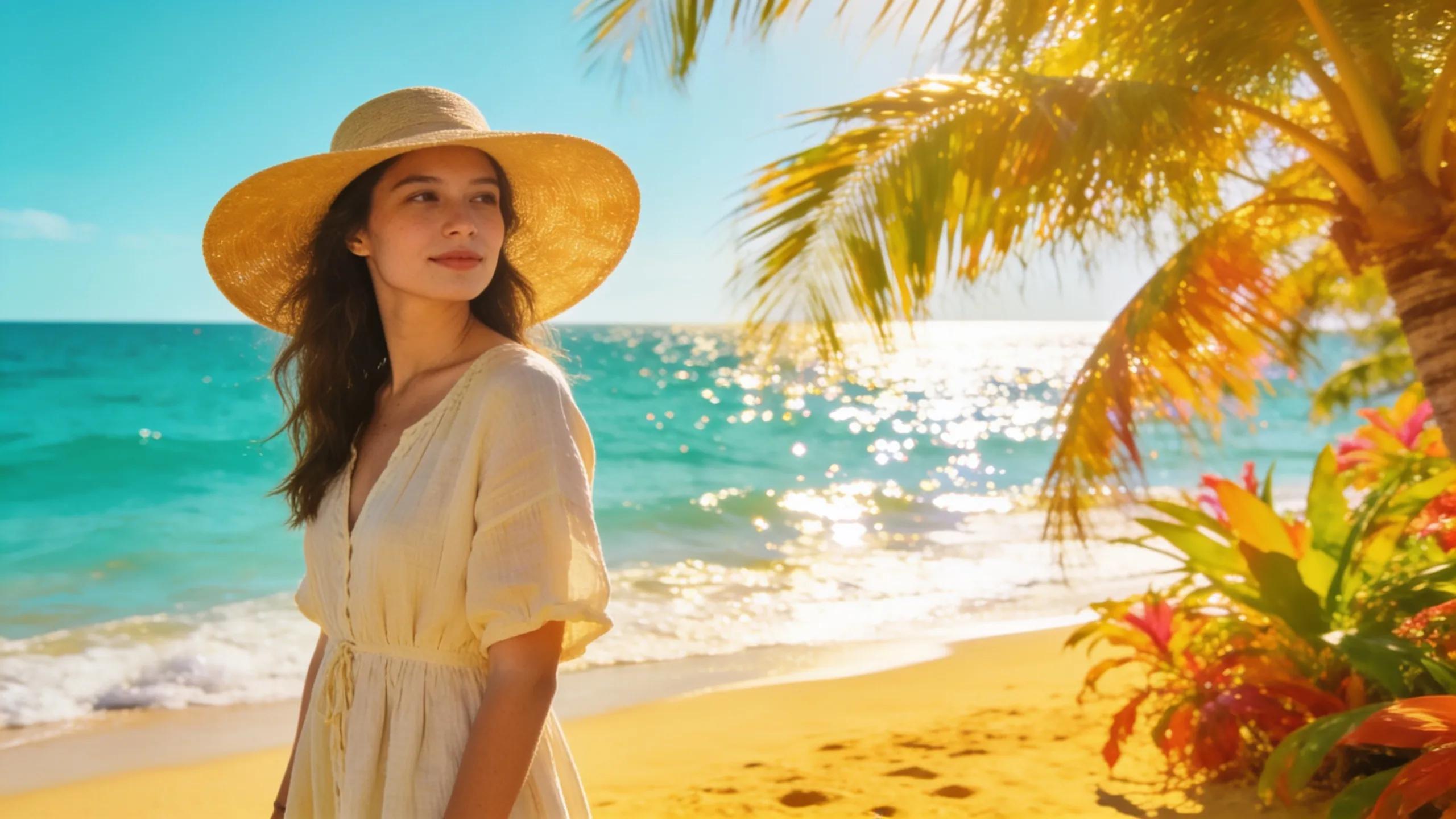 Stylish woman in a breathable summer dress on a Queensland beach, capturing the essence of coastal fashion