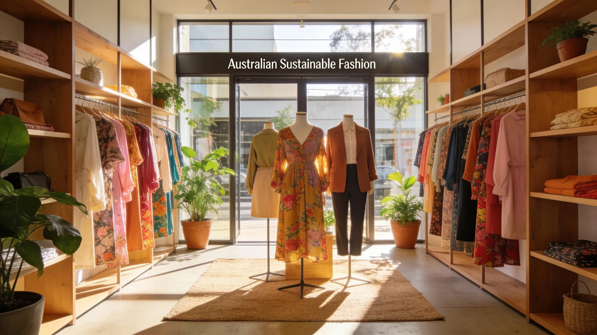 Vibrant display of sustainable fashion clothing from Australian brands in an inviting boutique