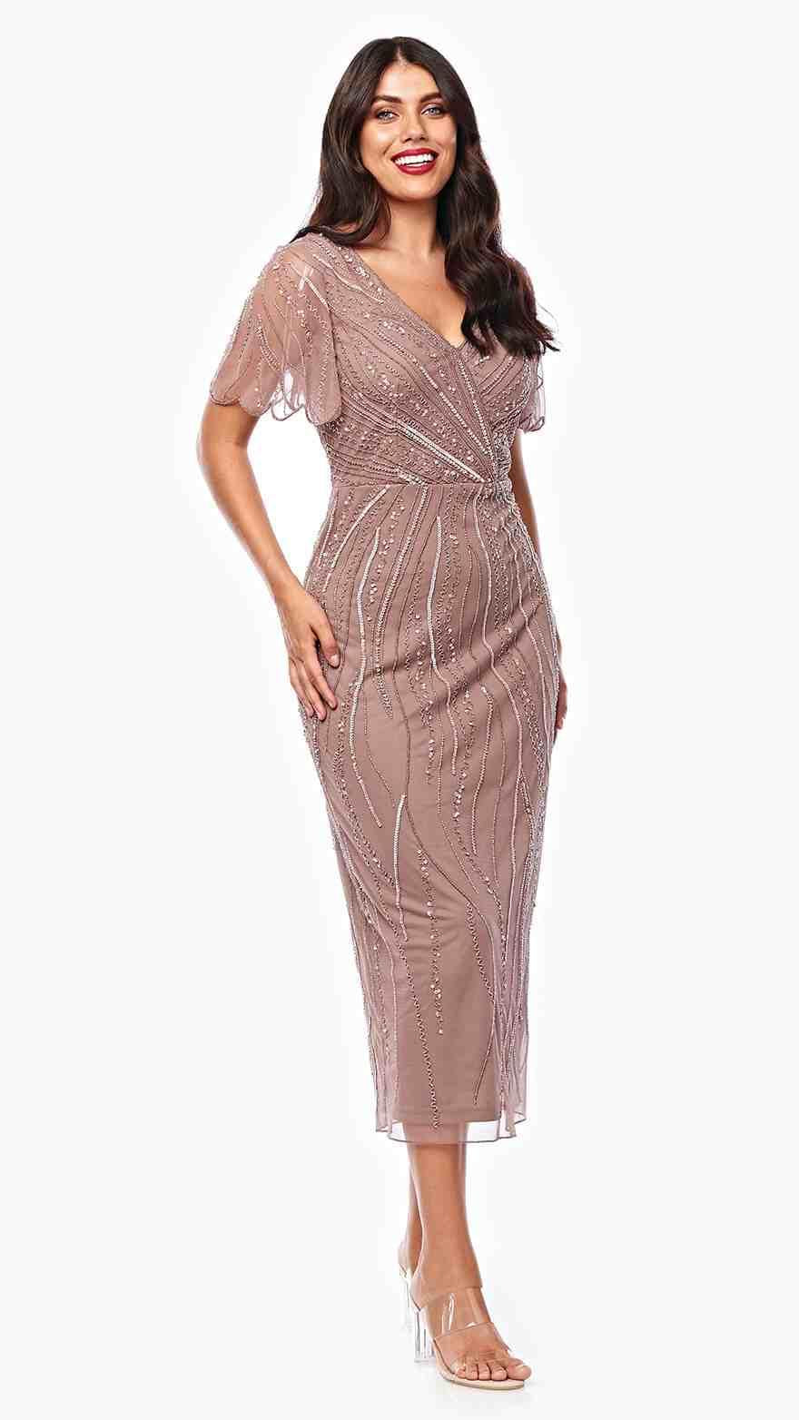 Jesse Harper JH0525 beaded mesh tea-length dress in Latte