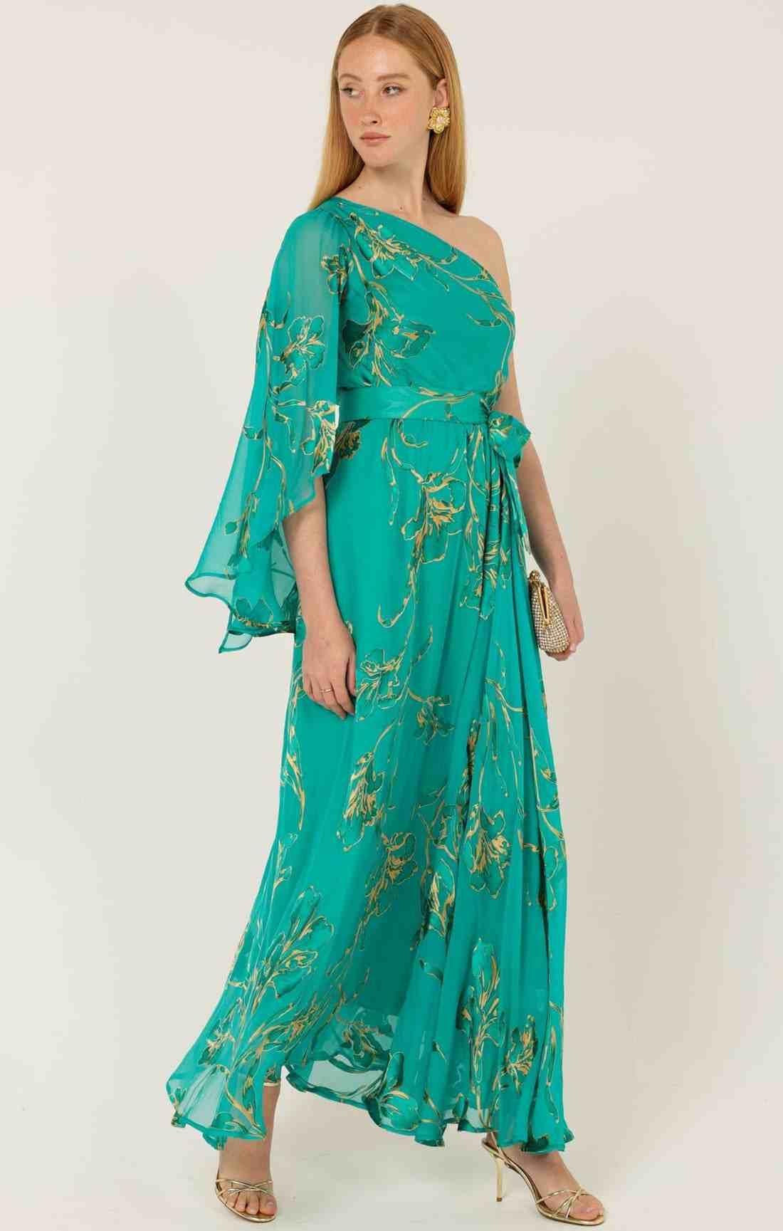 Sacha Drake Lorelei one-shoulder maxi dress in a green and gold floral print