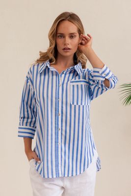 Kaleido Blue/White Cotton Collared Shirt